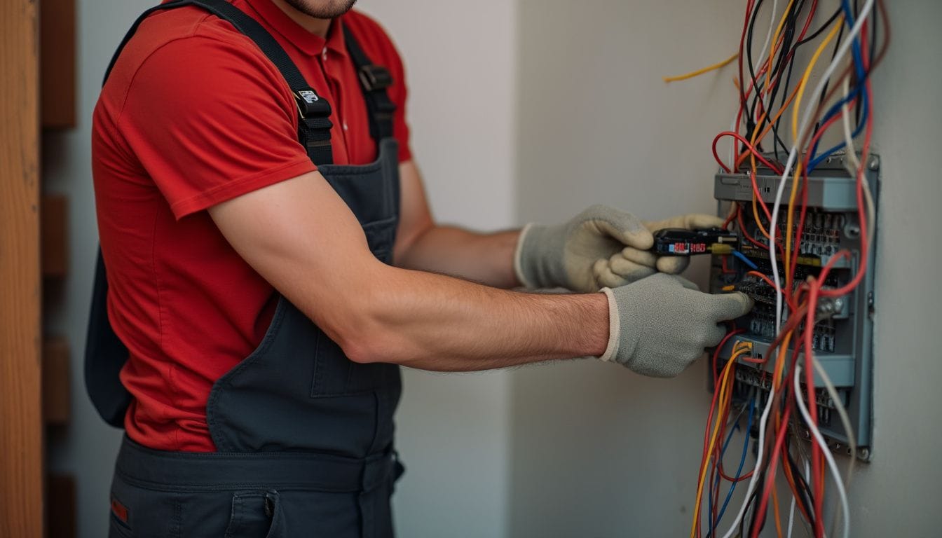Bild: Ein Elektriker im roten T-Shirt bei seiner Arbeit