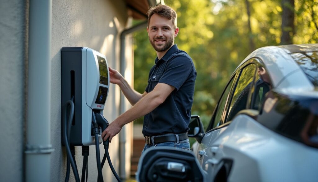 Bild: Mann lädt E-Auto am heimischen Ladegerät