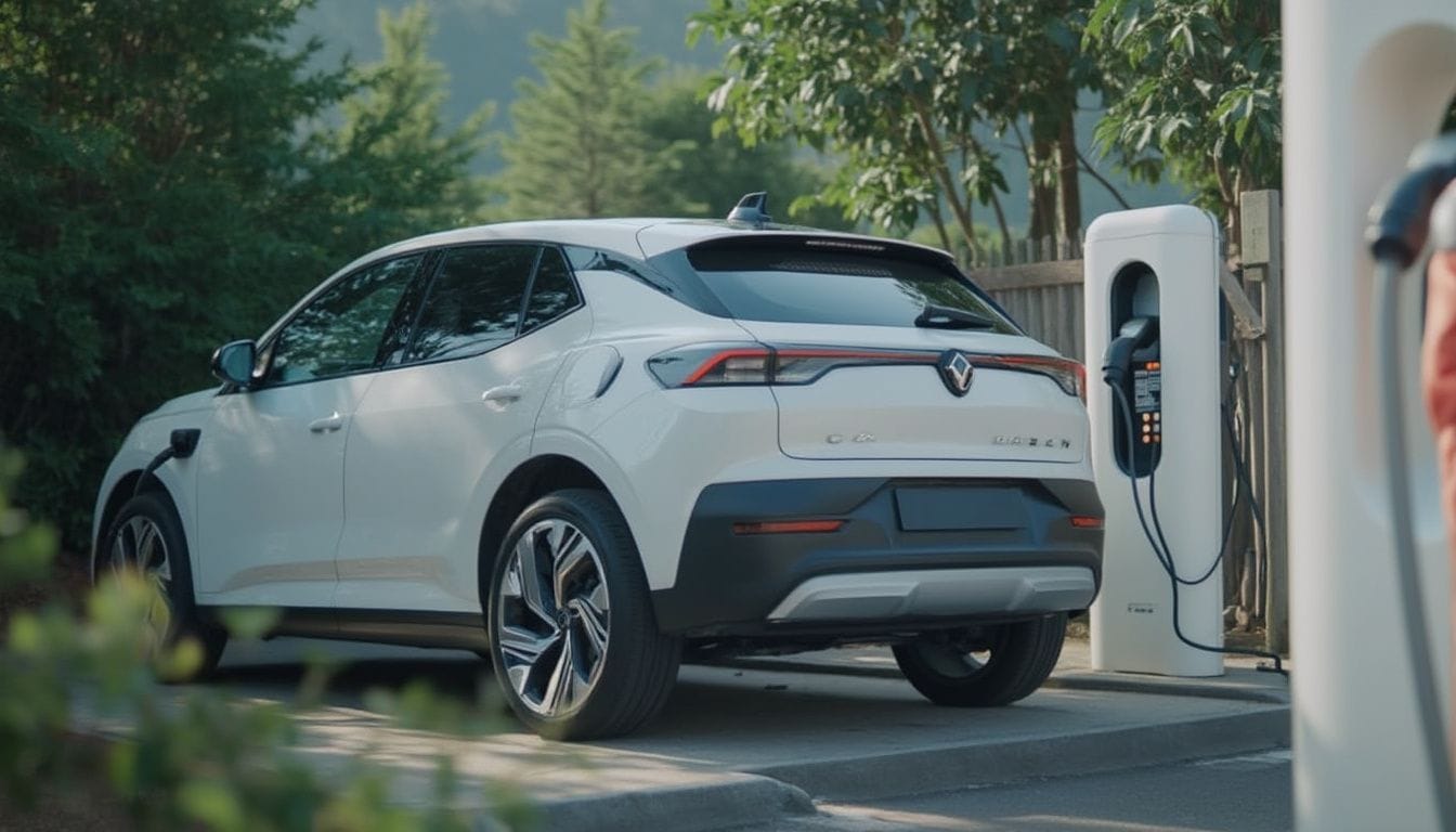 Bild: Ein weißer Elektro-SUV lädt an einer Station im Freien.