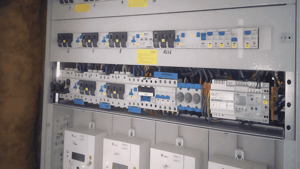 Elektrische Schalttafel mit Schaltern und Kabeln.