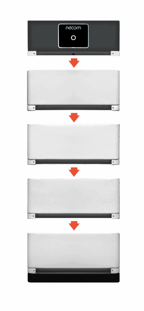 Mehrfach-USB-Ladegerät mit stapelbaren Modulen und Pfeilen.
